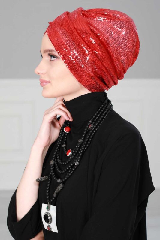 Hijab Bonnet Sequined, B-9P Red - 2