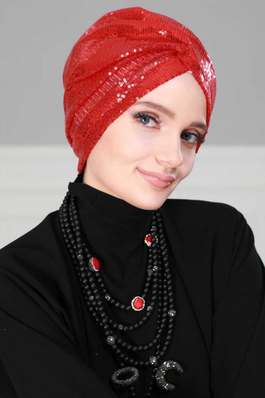 Hijab Bonnet Sequined, B-9P Red - 3