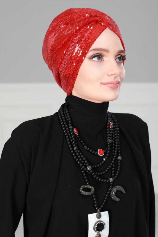 Hijab Bonnet Sequined, B-9P Red - 4