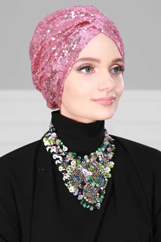 Hijab Bonnet Sequined, B-9P Powder - 2