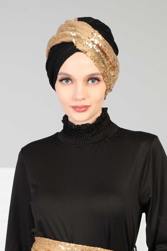 Hijab Bonnet Sequined,B-9PB2 Gold - Black - 1