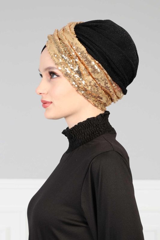 Hijab Bonnet Sequined,B-9PB2 Gold - Black - 2