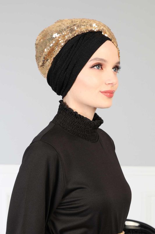 Hijab Bonnet Sequined,B-9PB2 Gold - Black - 3