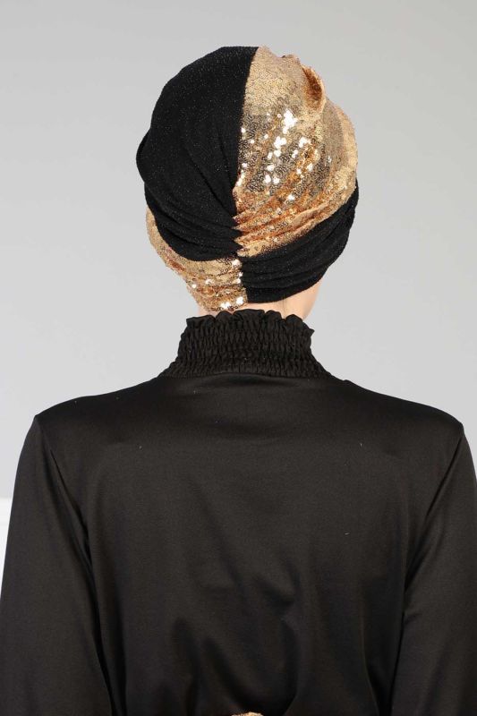 Hijab Bonnet Sequined,B-9PB2 Gold - Black - 4