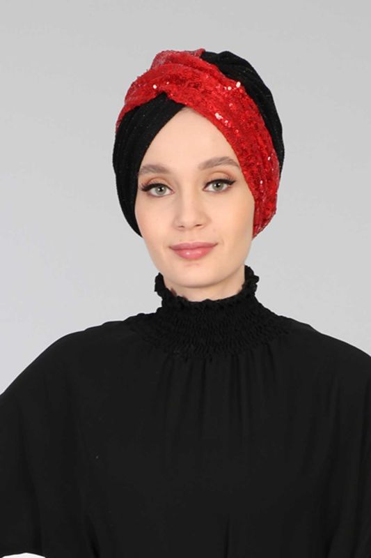 Tesettür Bone Payetli,B-9PB2 Kırmızı - Siyah - 1
