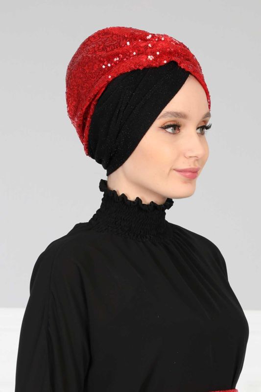Tesettür Bone Payetli,B-9PB2 Kırmızı - Siyah - 2