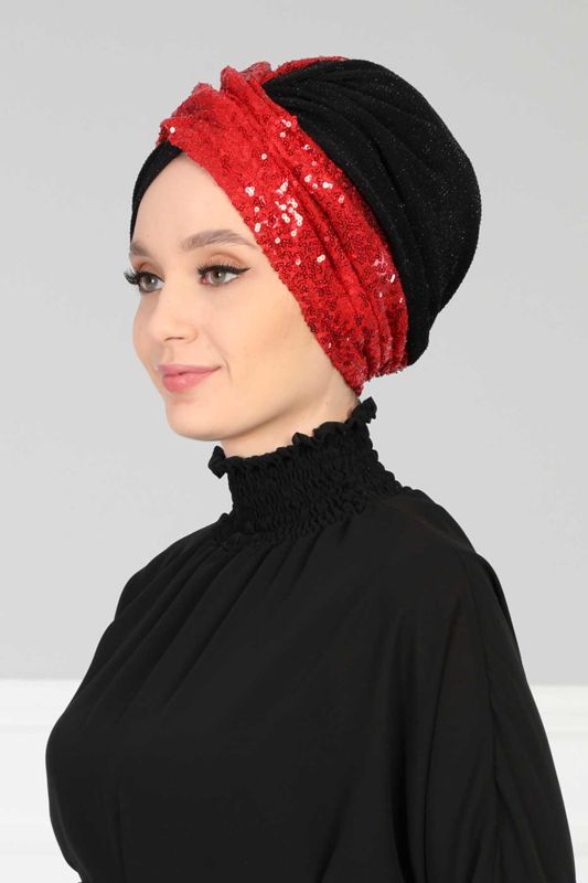 Tesettür Bone Payetli,B-9PB2 Kırmızı - Siyah - 3
