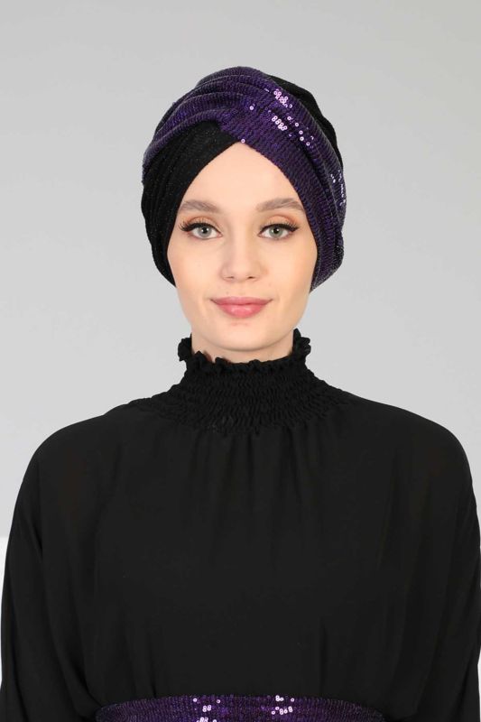 Hijab Bonnet Sequined,B-9PB2 Purple - Black - 1