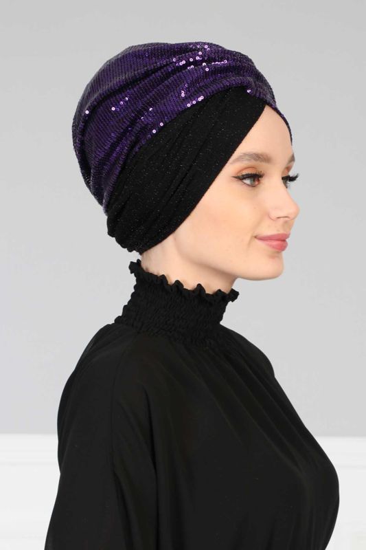 Hijab Bonnet Sequined,B-9PB2 Purple - Black - 2