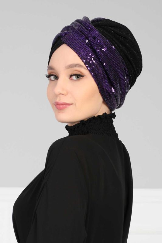 Hijab Bonnet Sequined,B-9PB2 Purple - Black - 3