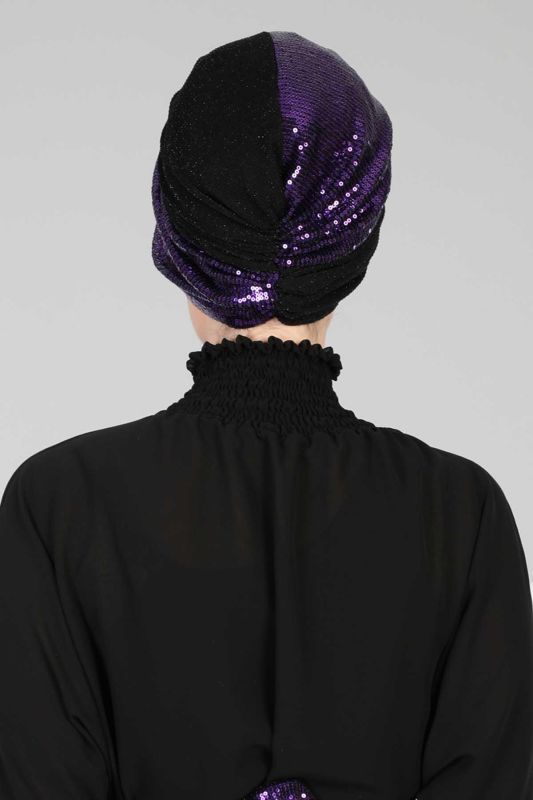 Hijab Bonnet Sequined,B-9PB2 Purple - Black - 4