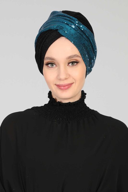 Hijab Bonnet Sequined,B-9PB2 Petrol - Black - 1