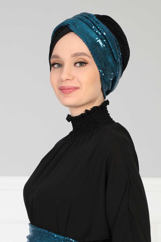 Hijab Bonnet Sequined,B-9PB2 Petrol - Black - 2