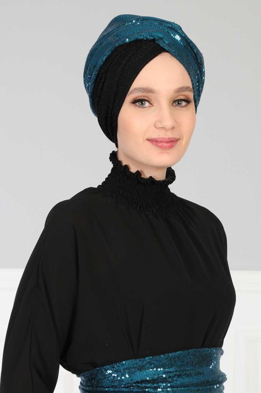 Hijab Bonnet Sequined,B-9PB2 Petrol - Black - 3