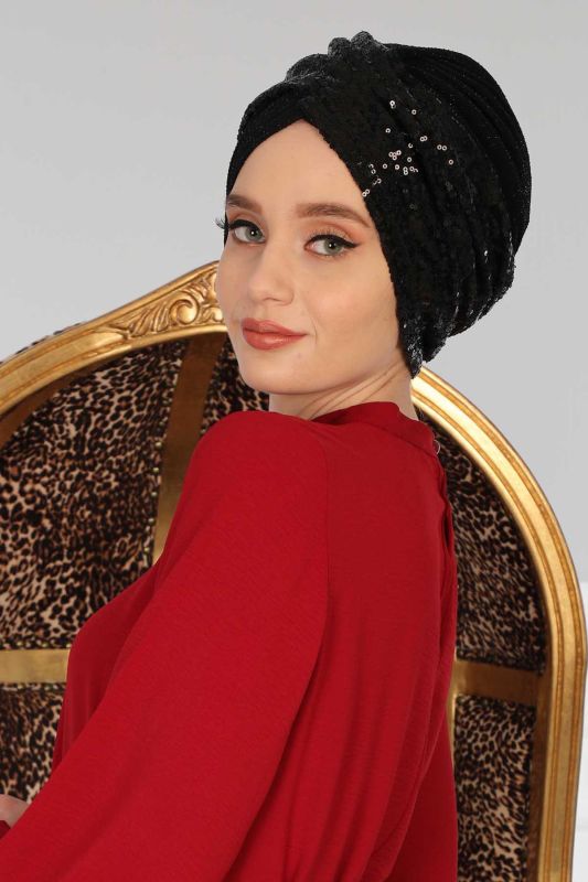 Hijab Bonnet Sequined,B-9PB2 Black - Buzzy - 1