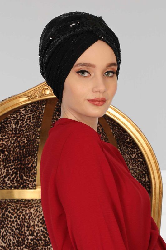 Hijab Bonnet Sequined,B-9PB2 Black - Buzzy - 2