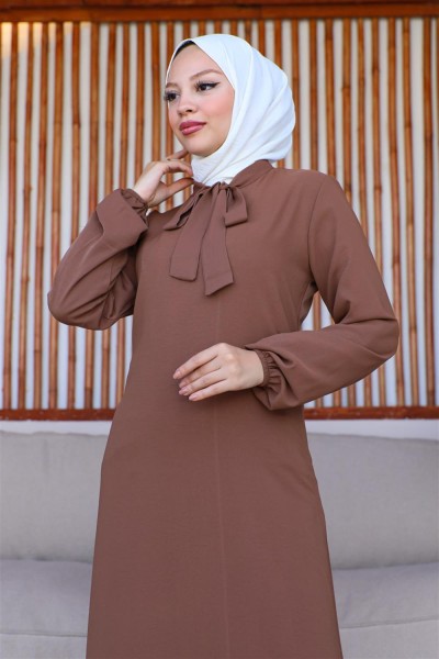 Tesettür Model Elbise KAHVERENGİ - Thumbnail