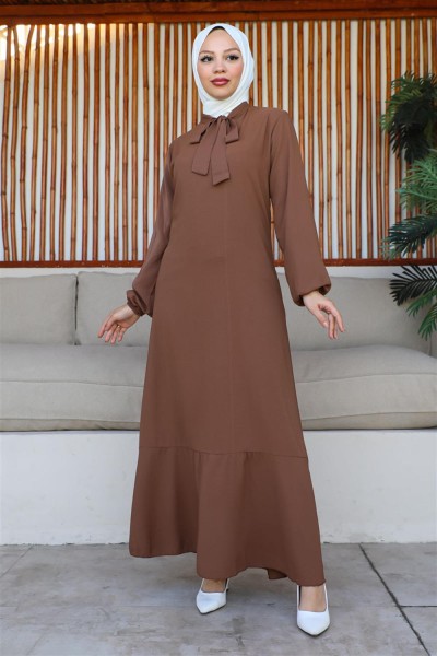 Tesettür Model Elbise KAHVERENGİ - Thumbnail