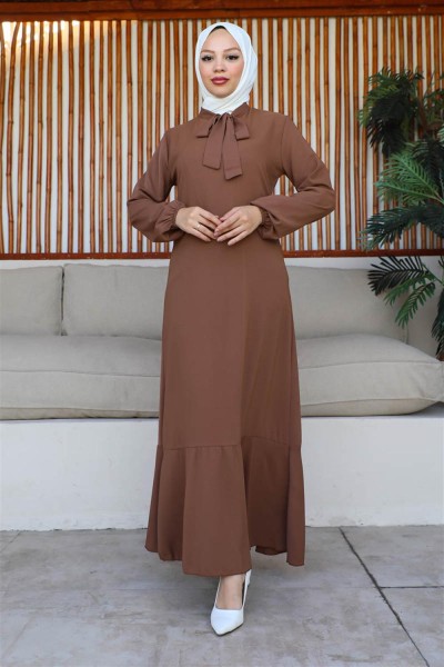 Tesettür Model Elbise KAHVERENGİ - Thumbnail