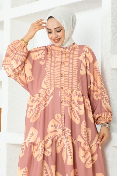 Tropikal Desenli Tesettür Elbise GÜL KURUSU - Thumbnail