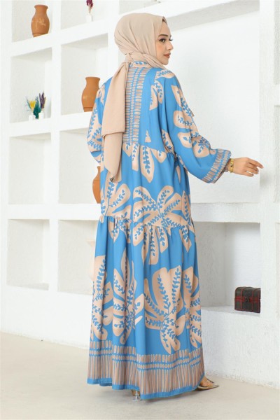 Tropikal Desenli Tesettür Elbise MAVİ - Thumbnail