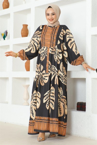 Tropikal Desenli Tesettür Elbise SİYAH - Thumbnail