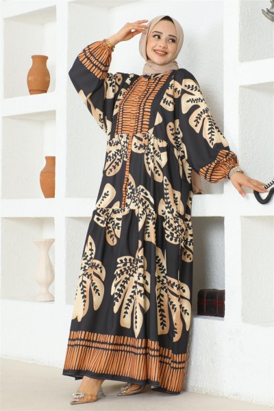 Tropikal Desenli Tesettür Elbise SİYAH - Thumbnail