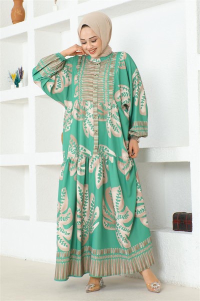 Tropikal Desenli Tesettür Elbise YEŞİL - Thumbnail