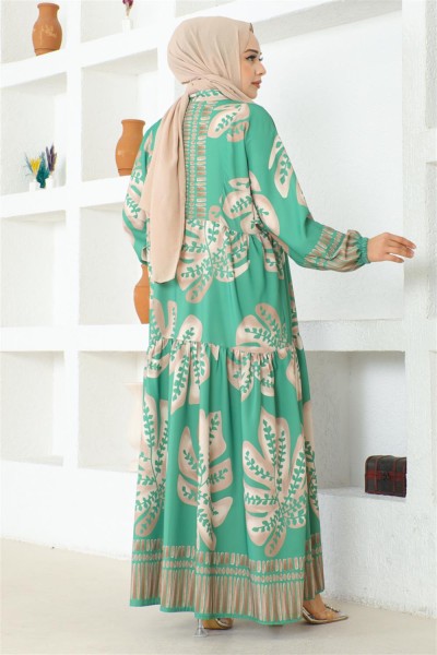 Tropikal Desenli Tesettür Elbise YEŞİL - Thumbnail