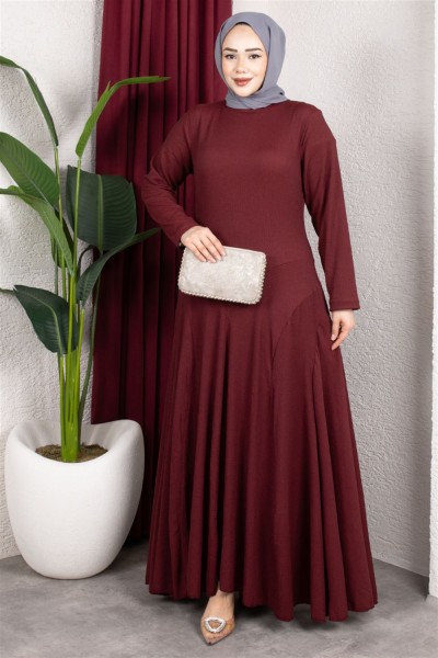 Volan Detaylı Bürümcük Elbise BORDO - Thumbnail