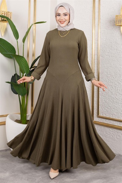 Volan Detaylı Bürümcük Elbise HAKİ - Thumbnail