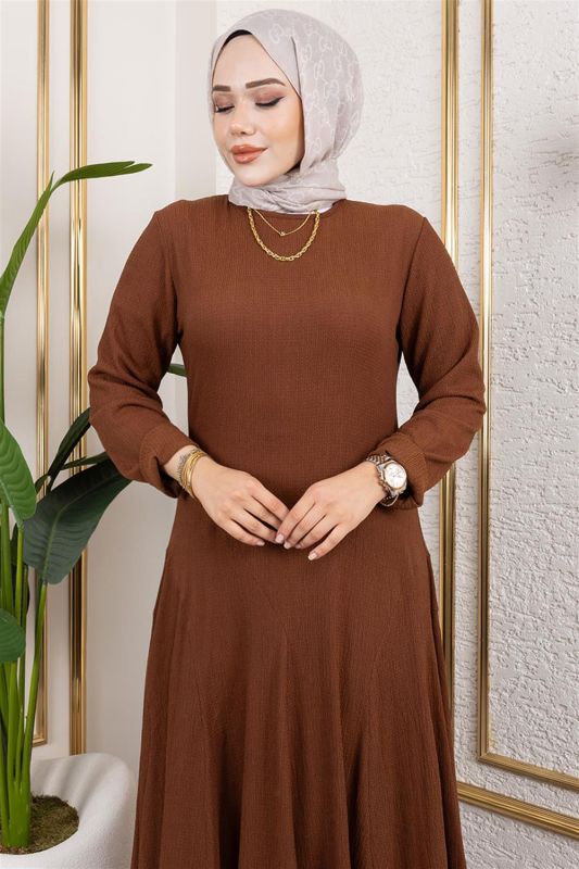 Volan Detaylı Bürümcük Elbise KAHVERENGİ - 2