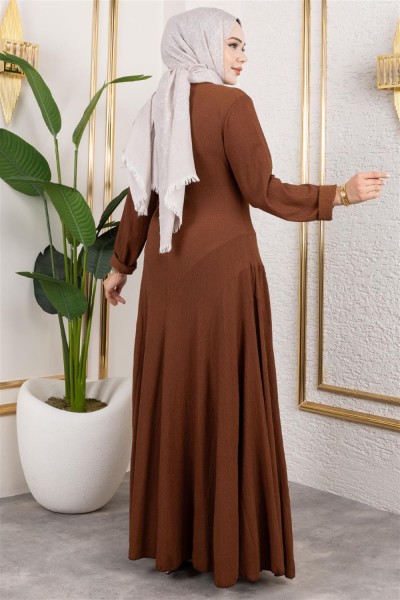 Volan Detaylı Bürümcük Elbise KAHVERENGİ - Thumbnail