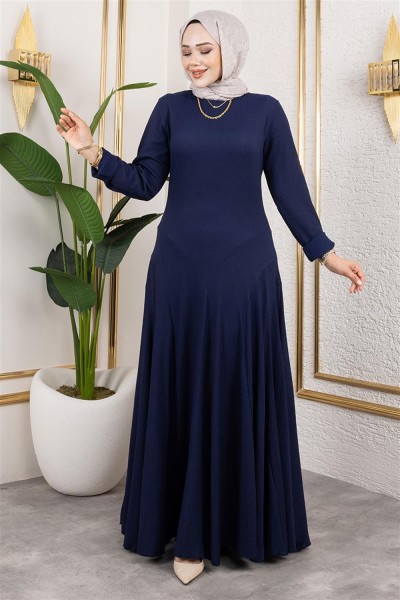 Volan Detaylı Bürümcük Elbise LACİVERT - Thumbnail