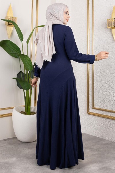 Volan Detaylı Bürümcük Elbise LACİVERT - Thumbnail