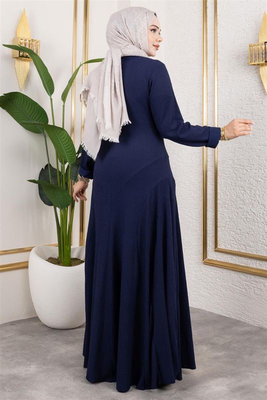 Volan Detaylı Bürümcük Elbise LACİVERT - 3