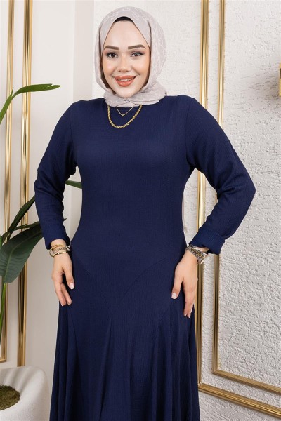 Volan Detaylı Bürümcük Elbise LACİVERT - Thumbnail