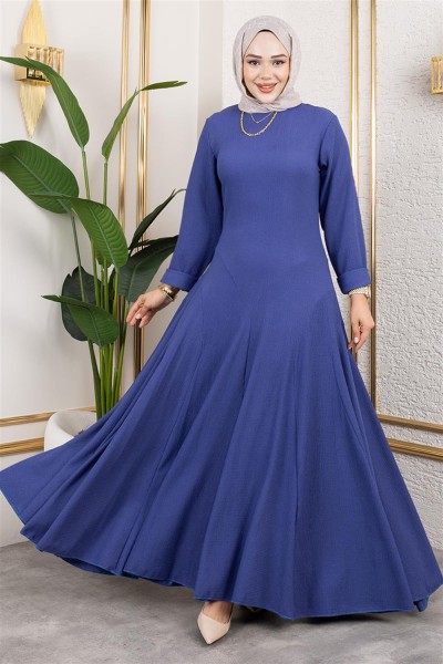 Volan Detaylı Bürümcük Elbise MAVİ - Thumbnail