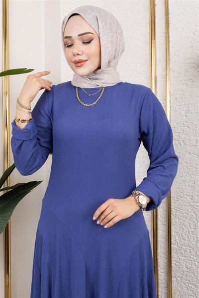 Volan Detaylı Bürümcük Elbise MAVİ - Thumbnail