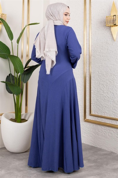 Volan Detaylı Bürümcük Elbise MAVİ - Thumbnail