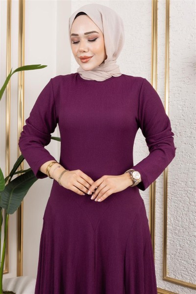 Volan Detaylı Bürümcük Elbise MOR - Thumbnail