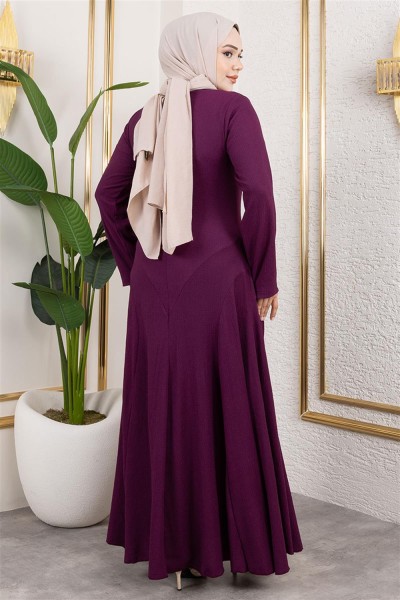 Volan Detaylı Bürümcük Elbise MOR - Thumbnail