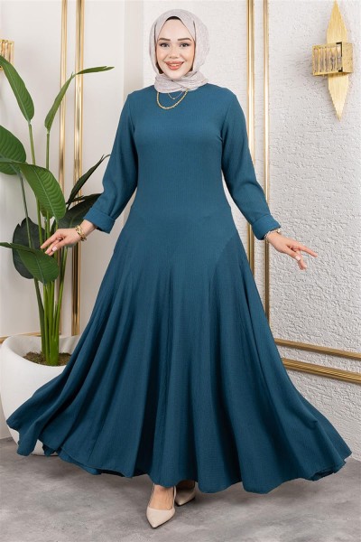 SGS - Volan Detaylı Bürümcük Elbise PETROL