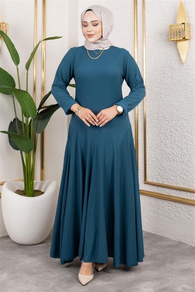 Volan Detaylı Bürümcük Elbise PETROL - Thumbnail