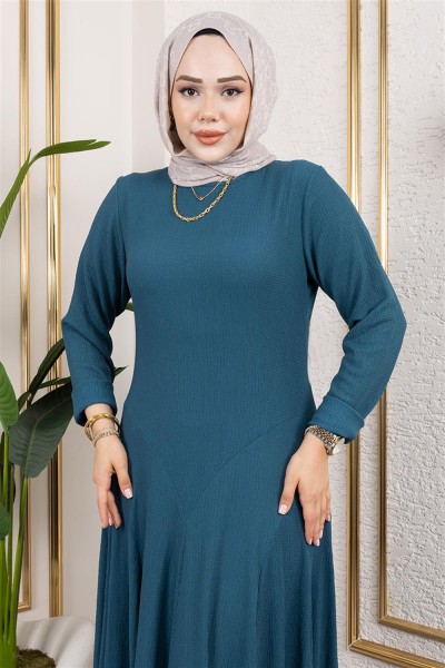 Volan Detaylı Bürümcük Elbise PETROL - Thumbnail