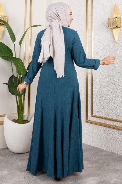 Volan Detaylı Bürümcük Elbise PETROL - Thumbnail