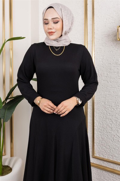 Volan Detaylı Bürümcük Elbise SİYAH - Thumbnail