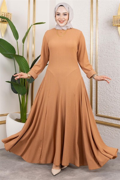 Volan Detaylı Bürümcük Elbise TABA - Thumbnail