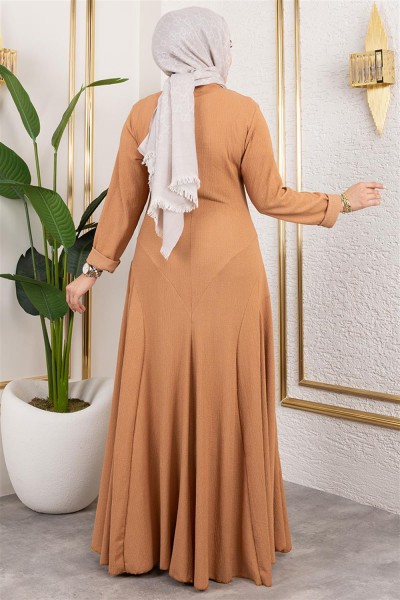 Volan Detaylı Bürümcük Elbise TABA - Thumbnail