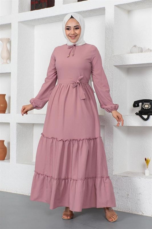 Yakası Bağcıklı Patlı Elbise GÜL KURUSU - 1